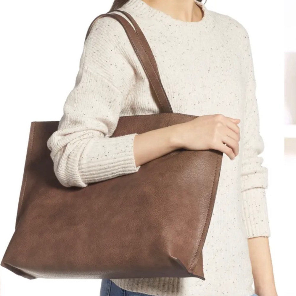Reversible Faux Leather Tote and Wristlet - Taupe/Ivory